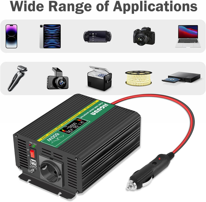 JIGUUN 600W Wechselrichter Reiner Sinus Spannungswandler 12v 230v Inverter Mit EU-Steckdose und 2 US