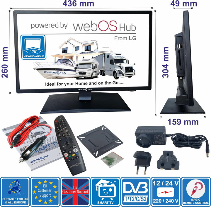 Unispectra ® 19“ Smart TV (webOS) HDR 230V 24V Triple Tuner: Satellit, Antenne, Kabel TV, Magic Remo