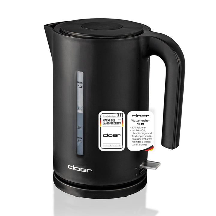 Cloer 4110 Wasserkocher, 2200 W, grosse Wasserstandsanzeige, Kalkfilter, Trockengeh- und Überhitzung