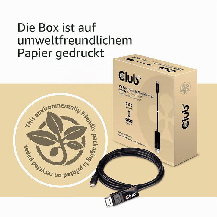 Club3D USB C auf DisplayPort Kabel 1.4 8K 60Hz, 4K 120Hz und Displayport auf USB C bidirektional, 1,