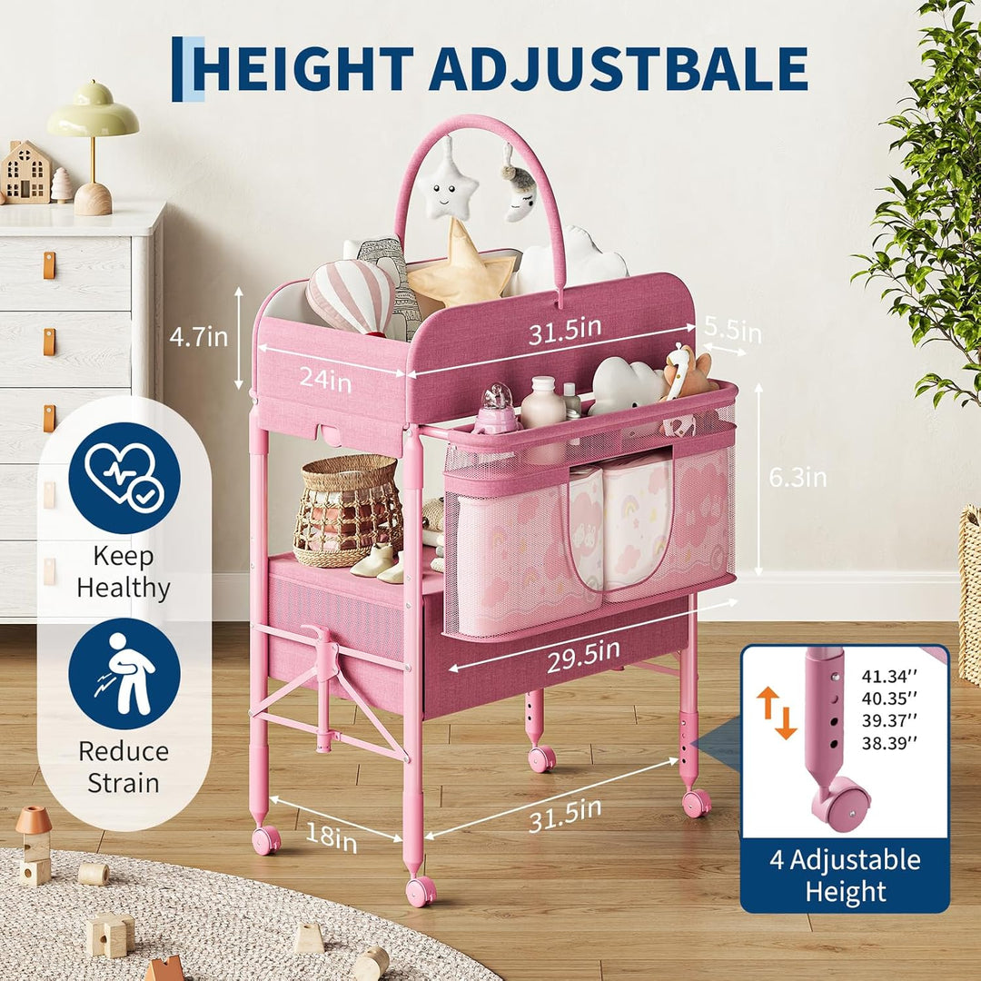 Höhenverstellbarer Wickeltisch Klappbar, Mobiler Wickeltisch Mit Rädern & 2 Schubladen, Wasserdichte