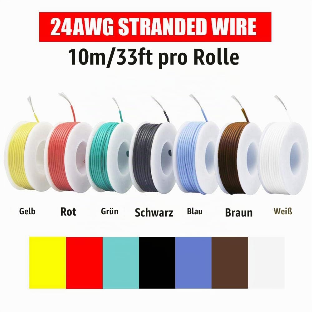 Youmile 24AWG Anschlusskabelset 24 Gauge Silikondraht 300V verzinnter Litzen-Elektrokabel 7 Farbe 10