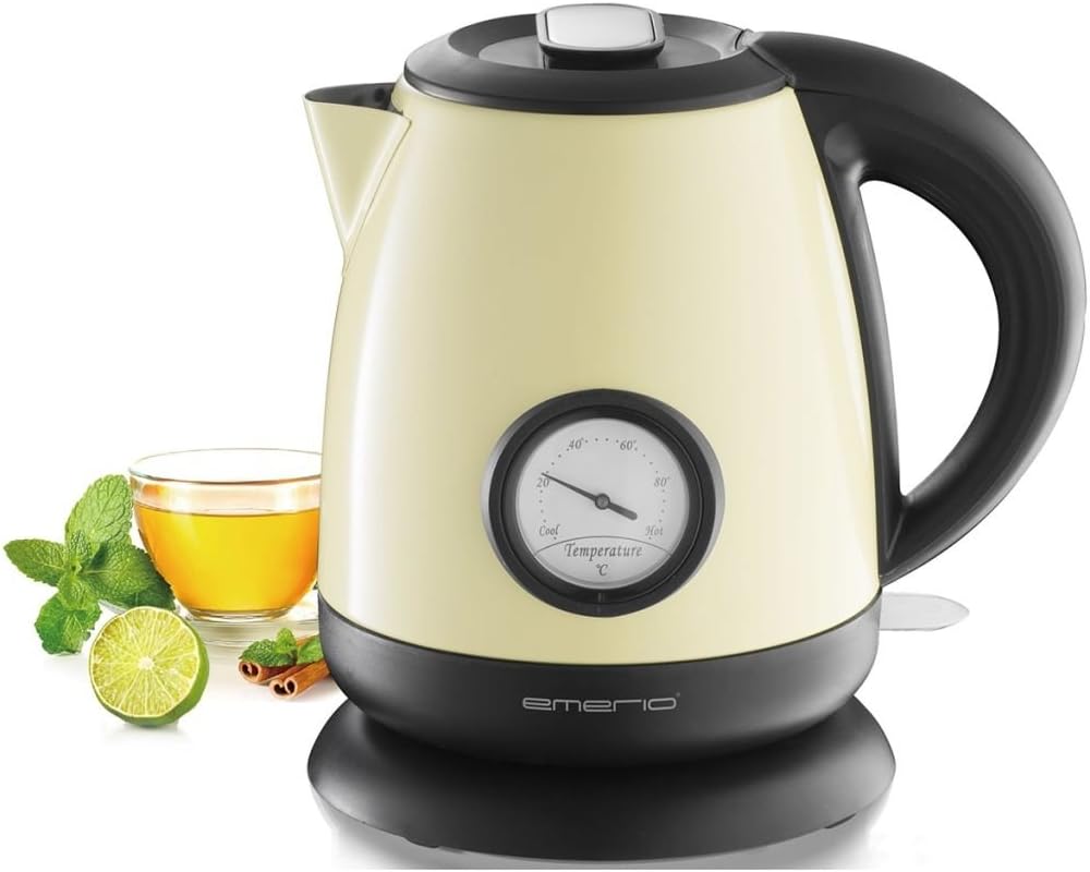 Emerio Wasserkocher aus Edelstahl, 1.0L Volumen, 2000 Watt, 360° Basis, Edelstahl Beige, Beige