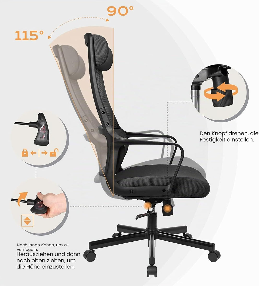 MELOKEA Bürostuhl Ergonomischer Bürostuhl, Mesh-Chefsessel mit Hoher Rückenlehne, Kopfstütze Verstel