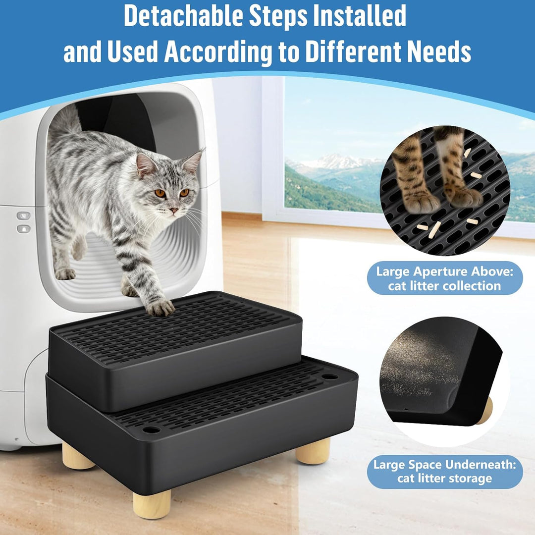 Verstellbare 2-stufige Katzentoilettenrampe, Katzen Treppen & Stufen mit Holzfüsse Filterfunktion, l