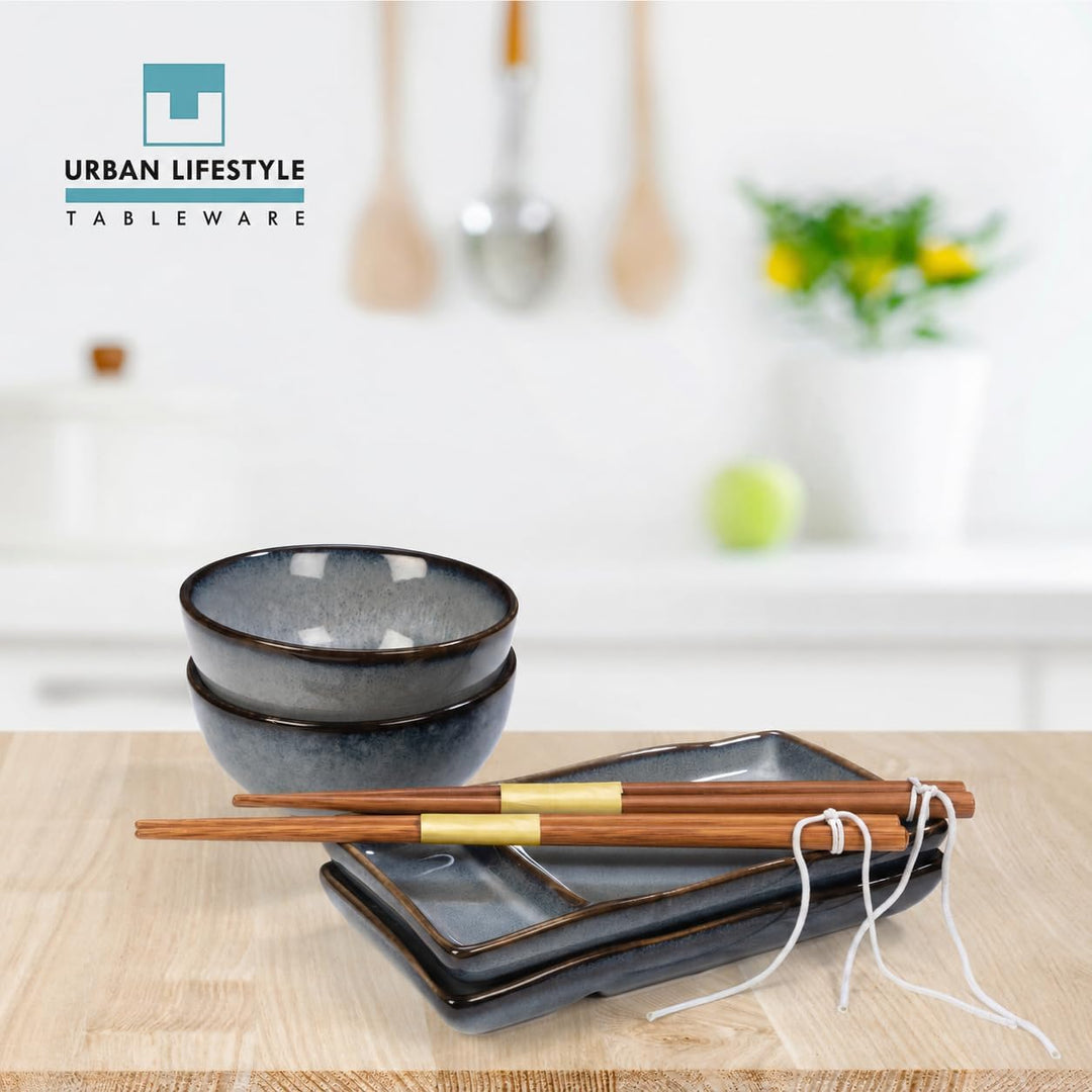 Sushi Geschirr set "Misaki" Graublau für 2 Person, Sushi Set Japanischer Geschirr für Miso Suppe Mak