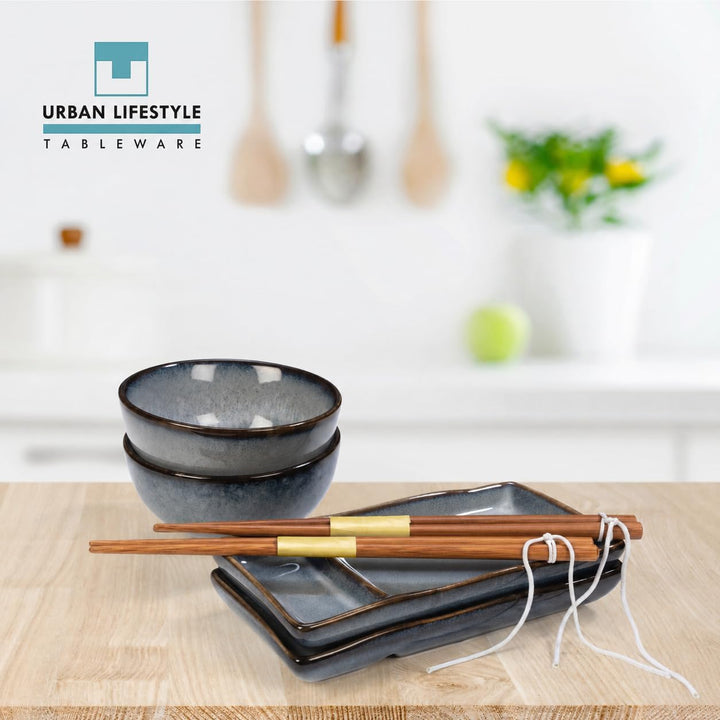 Sushi Geschirr set "Misaki" Graublau für 2 Person, Sushi Set Japanischer Geschirr für Miso Suppe Mak