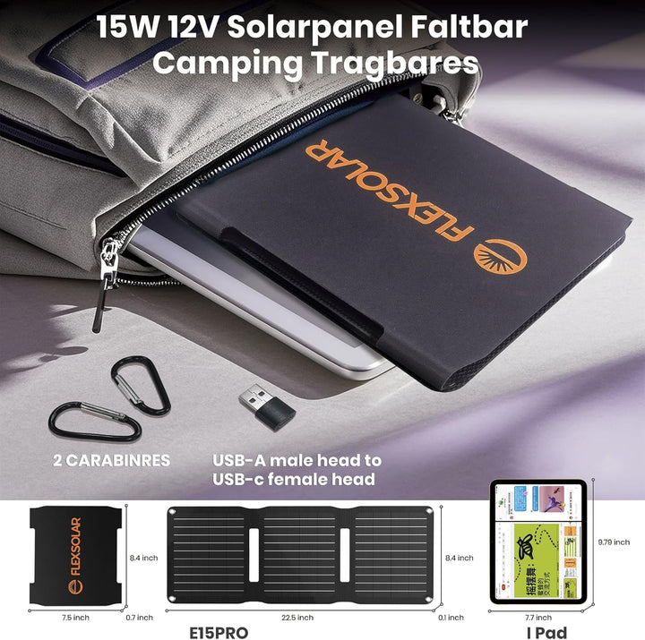 FlexSolar 15W USB Solarpanel Ladegerät, IP67 wasserdichtesETFE Monokristallines Solarpanel mit USB-A