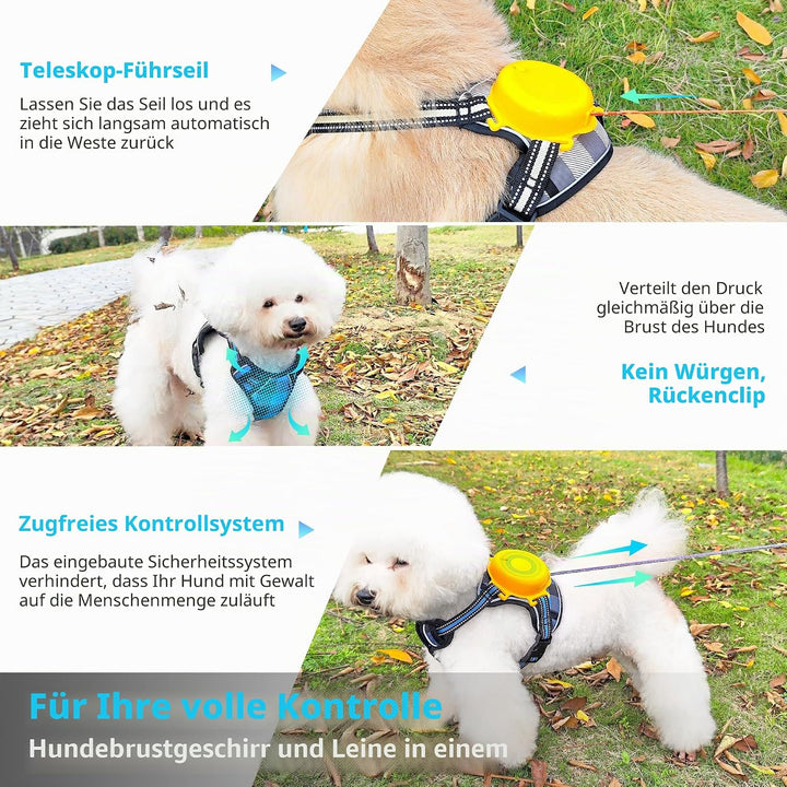 Hundegeschirr und Leine, Hundegeschirr mit 1,8 m Langer, einziehbarer Multifunktions-Hundeleine, mit