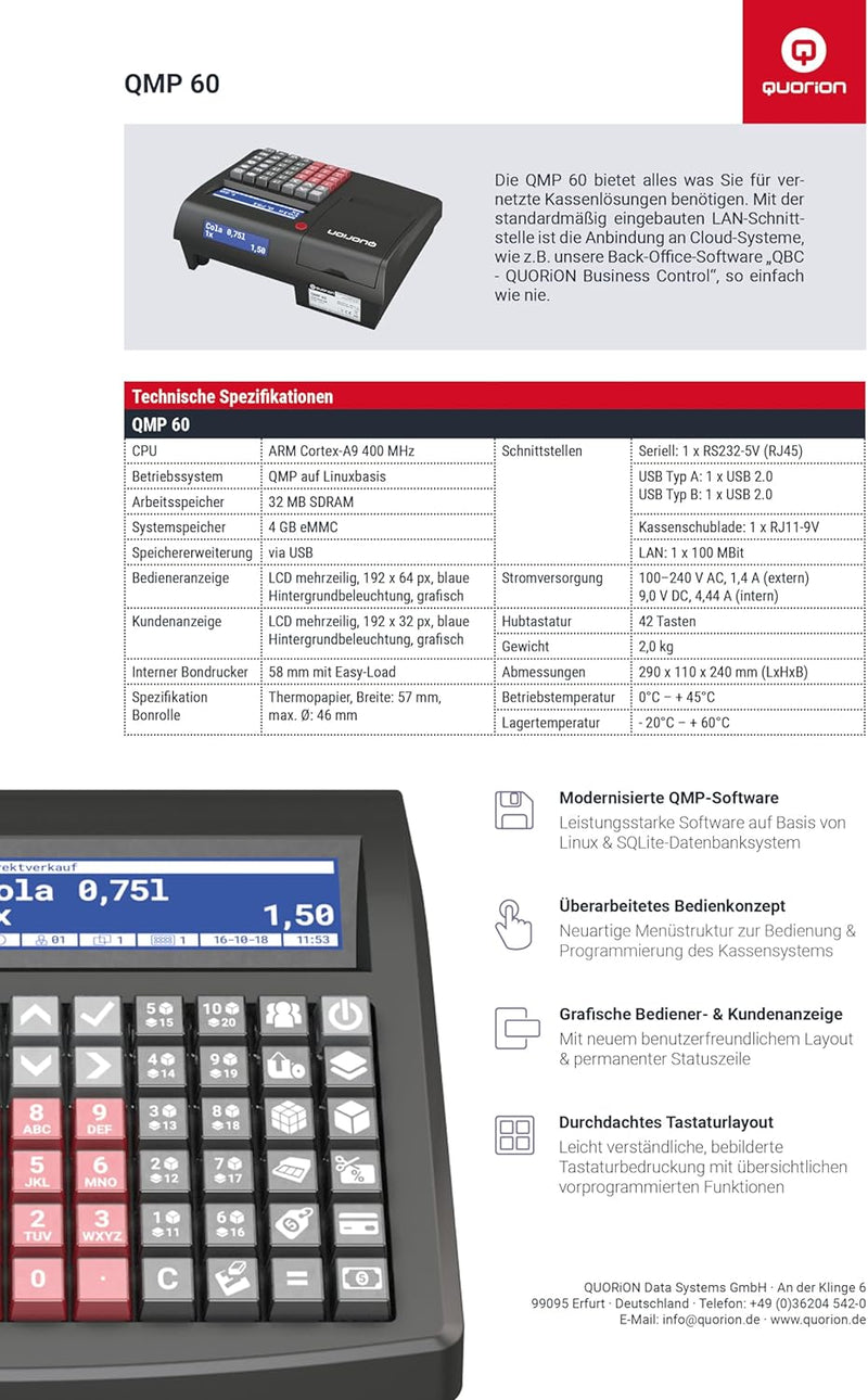 QUORiON Kassensystem QMP 60 Registrierkasse inklusive TSE USB-Stick mit 3 Jahren Laufzeit, progr. Ta