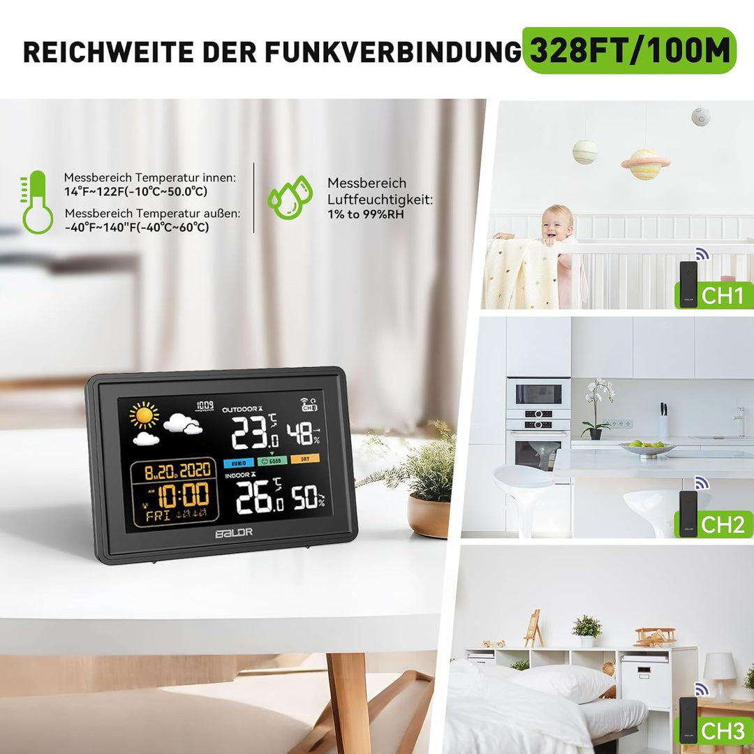 Konsen Wetterstation funk mit Aussensensor DCF Funkuhr, Farbdisplay mit grossen Zahlen von Innen und