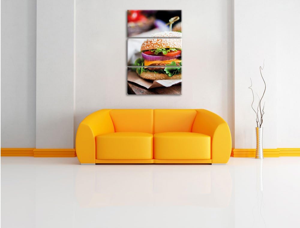 Pixxprint Burger und Pommes als Leinwandbild/Grösse: 3 Teilig (120x80) cm/Wandbild/Kunstdruck/fertig
