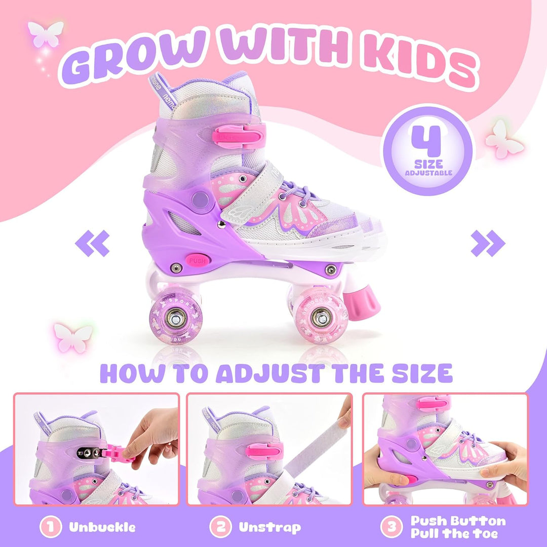 NEMONE Rollschuhe für Mädchen Kinder 4 Grössen Verstellbar Blau Violett Rollschuhe für Kinder Drinne