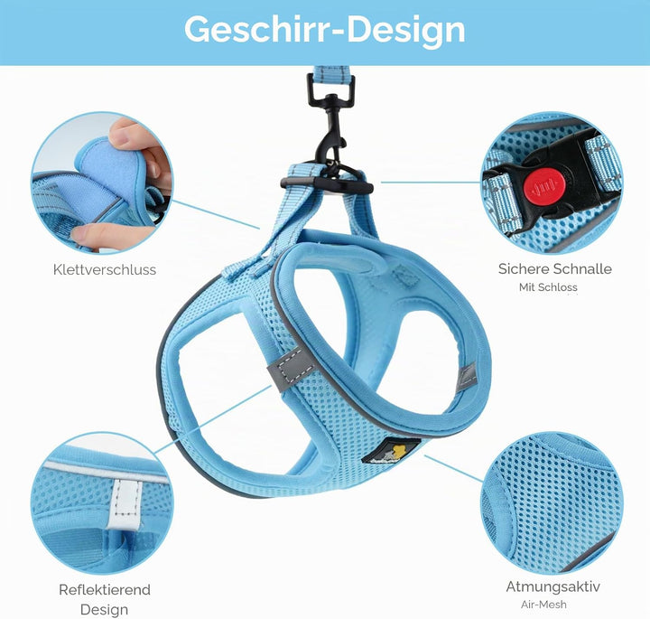BELLA &amp; PAL Hundegeschirr Kleine Hunde mit Leine, Step-in Geschirr aus Air Mesh, Anti Zug Reflektier