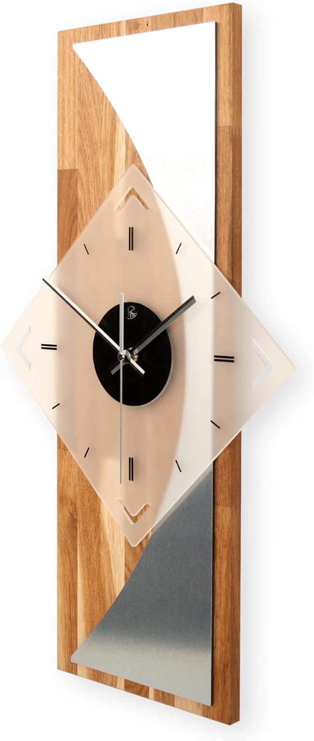 Kreative Feder Designer-WANDUHR „Silvermoon“ aus hochwertigem Eichenholz mit modernem Metallic-Look
