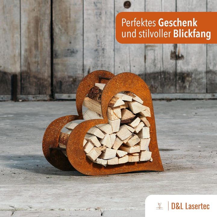 D&L Lasertec Herz aus Metall für Kaminholz - Regal aus Rost Edelrost Holzregal für Garten Terrasse -