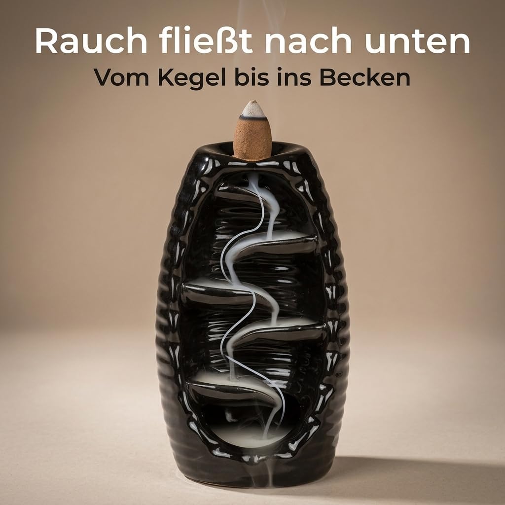 MIJOMA Rückfluss Räucherkegelhalter aus Schwarzer Keramik, Wasserfall-Räucherkegelhalter, Weihrauchb