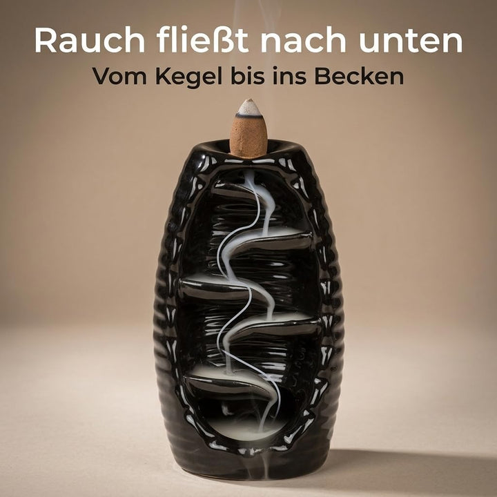 MIJOMA Rückfluss Räucherkegelhalter aus Schwarzer Keramik, Wasserfall-Räucherkegelhalter, Weihrauchb