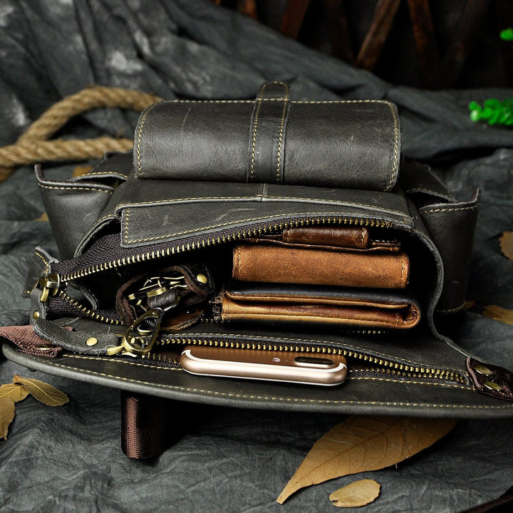 Le'aokuu Herren Echtes Leder Hüfttasche Gürteltasche Bauchtasche Reissverschluss Motorrad Messenger
