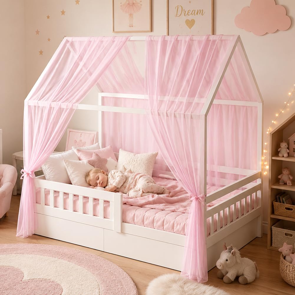 Hausbett Himmel Set, 2 Stück Hausbett Himmel für Kinderbett, 150 x 350 cm, Leichte Atmungsaktive Sto