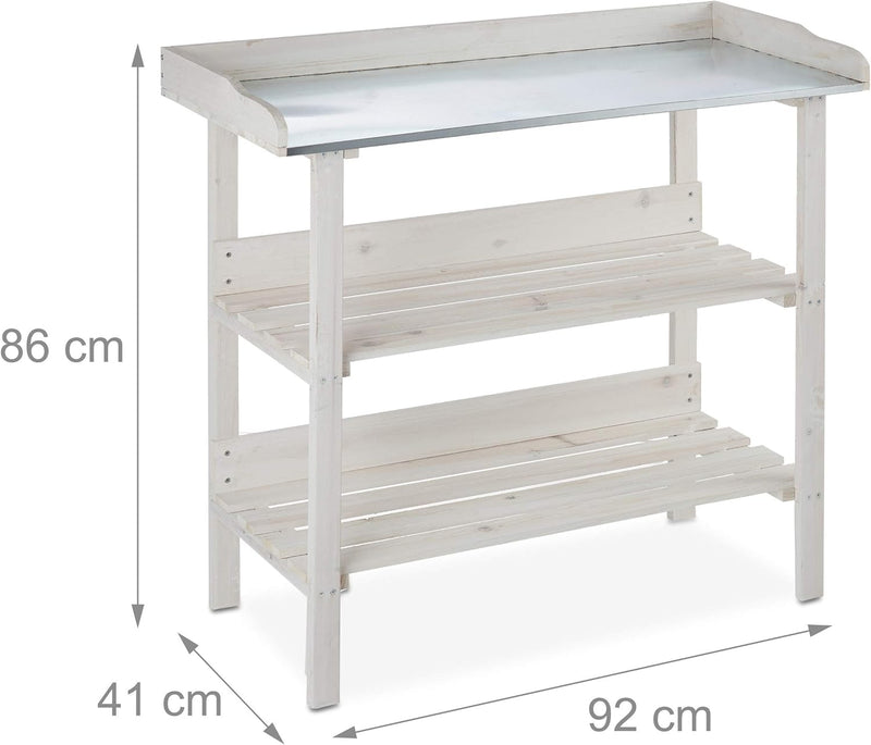 Relaxdays Pflanztisch, Metallplatte, Umtopftisch mit Ablagen, Holz, Garten, Gewächshaus, Balkon, 86