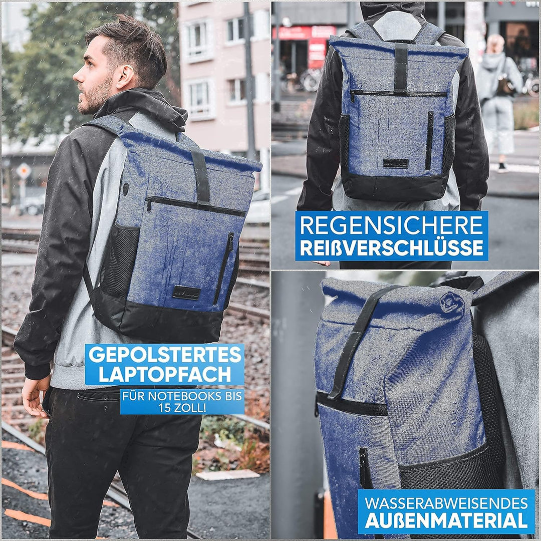 Rolltop Rucksack Damen und Herren aus Recycelten Plastikflaschen | Rucksack Uni | Laptop Rucksack |
