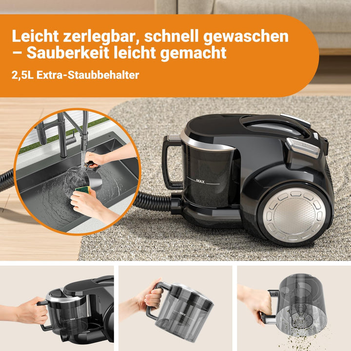 Beutelloser Staubsauger 1200W Starke Saugleistung,Kompakt Leicht Bodenstaubsauger ohne Beutel,Leiser
