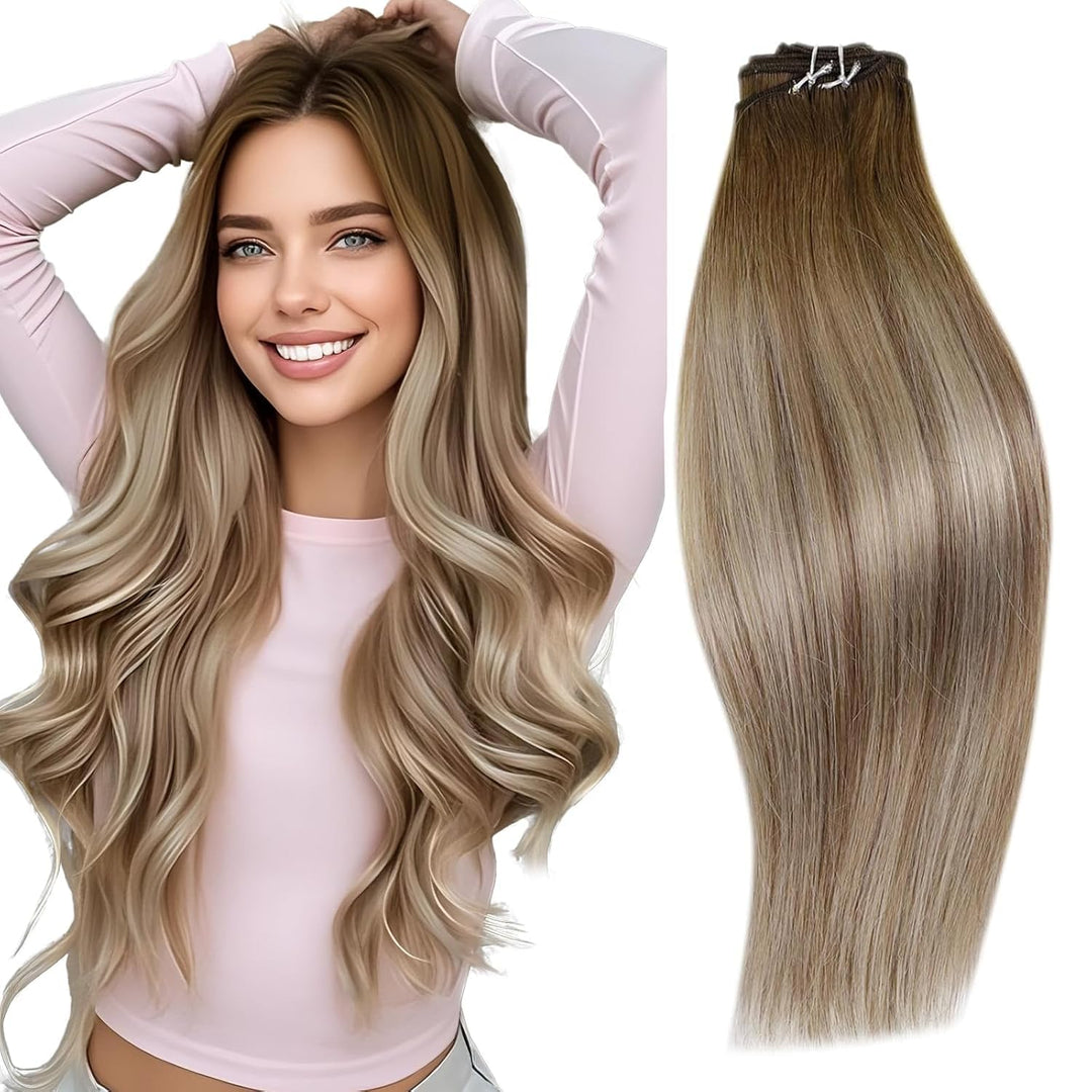 RUNATURE Weave Tressen Echthaar Extensions Balayage Dunkelbraun mit Aschbraun und Mittelblond Ombre