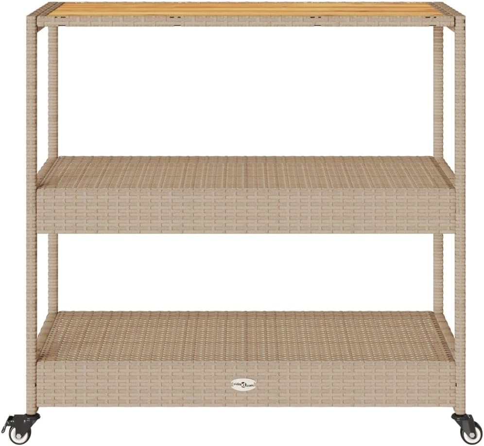 vidaXL Barwagen 3 Böden Beige Poly Rattan und Massivholz Akazie, Beige