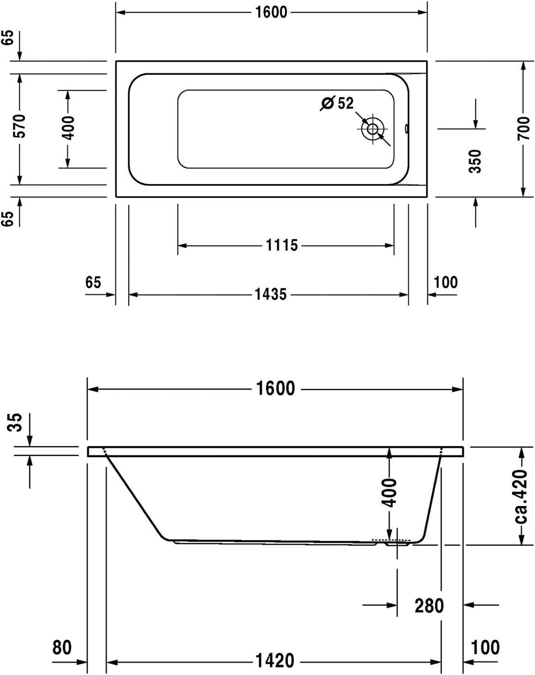 VBChome Badewanne 160x70 cm Duravit Acryl SET Wannenträger Siphon Wanne Rechteck Weiss Design Modern
