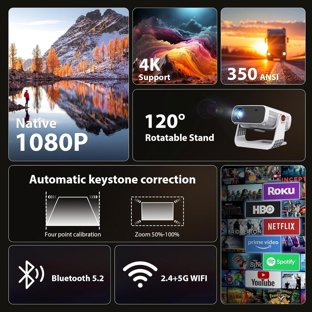 Wielio Smart Beamer mit Integrierte Apps,Native1080P 4K-Unterstützung,WiFi 6&Bluetooth 5.2,120° Vers