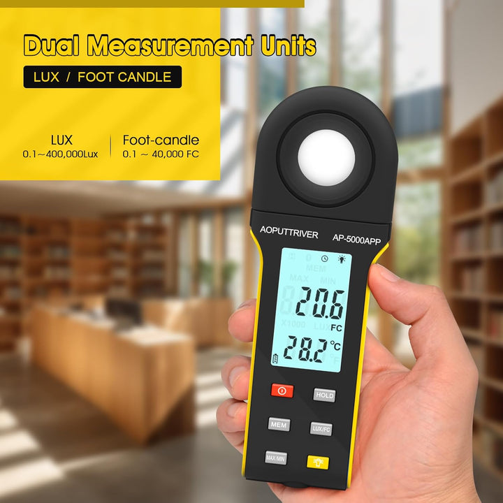 AP-5000APP Digital Luxmeter, Lichtmessgerät Messen 0,1~400.000 Lux Fusskerzen mit 270º Drehbarem Sen