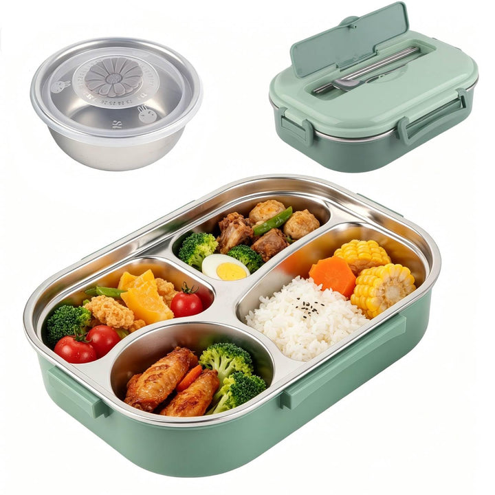 Tissting Edelstahl Lunchbox 4-Fach Tragbarer Lebensmittelbehälter mit Silikondichtung 1500ml für Stu