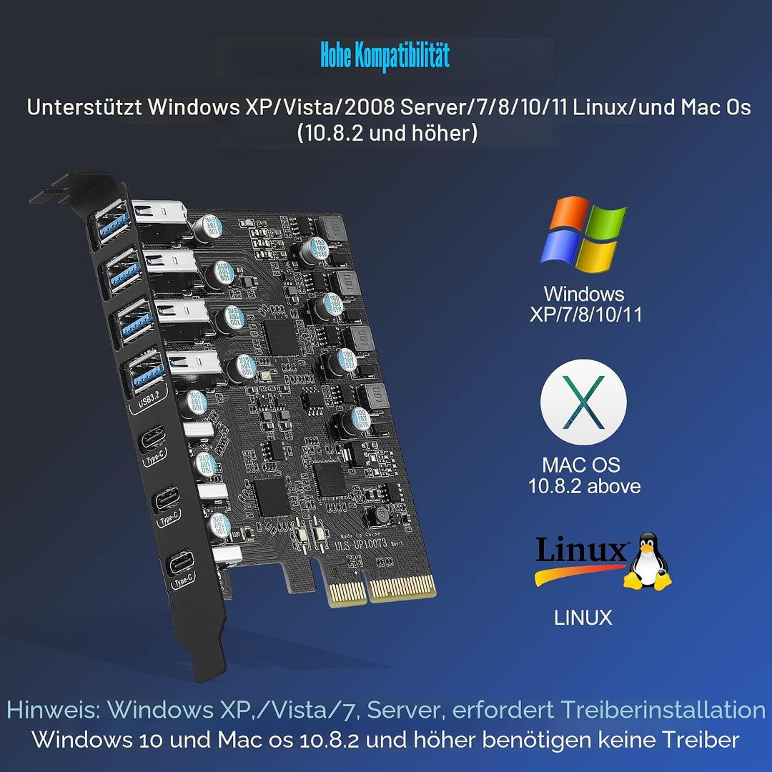 USB 3.2 Karte 7 Ports(4A + 3C), FARBOKO PCIe USB 3.2 Gen 2 10Gbps Interner USB HUB for Windows 10/8/