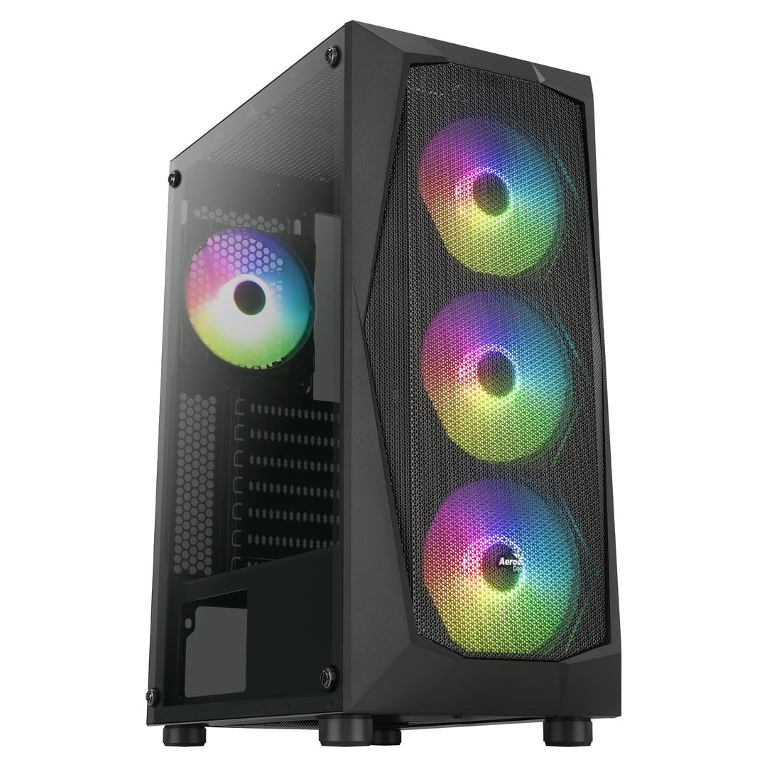 Aerocool FALCONV2BK, PC ATX Gehäuse, Front Mesh, Gehärtetes Glas, 4 ARGB 12cm Lüfter, Schwarz Schwar