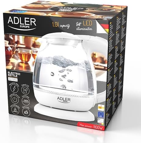 adler AD 1238 Elektrischer Wasserkocher aus Glas, klein, 1 l, 1100 W, LED-Beleuchtung, 1100 W, 1 Lit