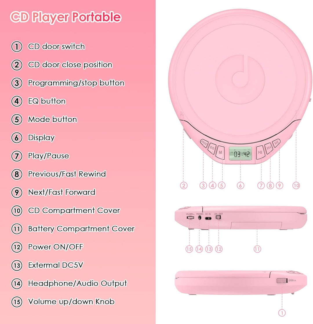 Gueray CD Player Tragbar Kinder Tragbarer CD-Player fürs Auto Discman mit Kopfhörer LCD-Display Unte
