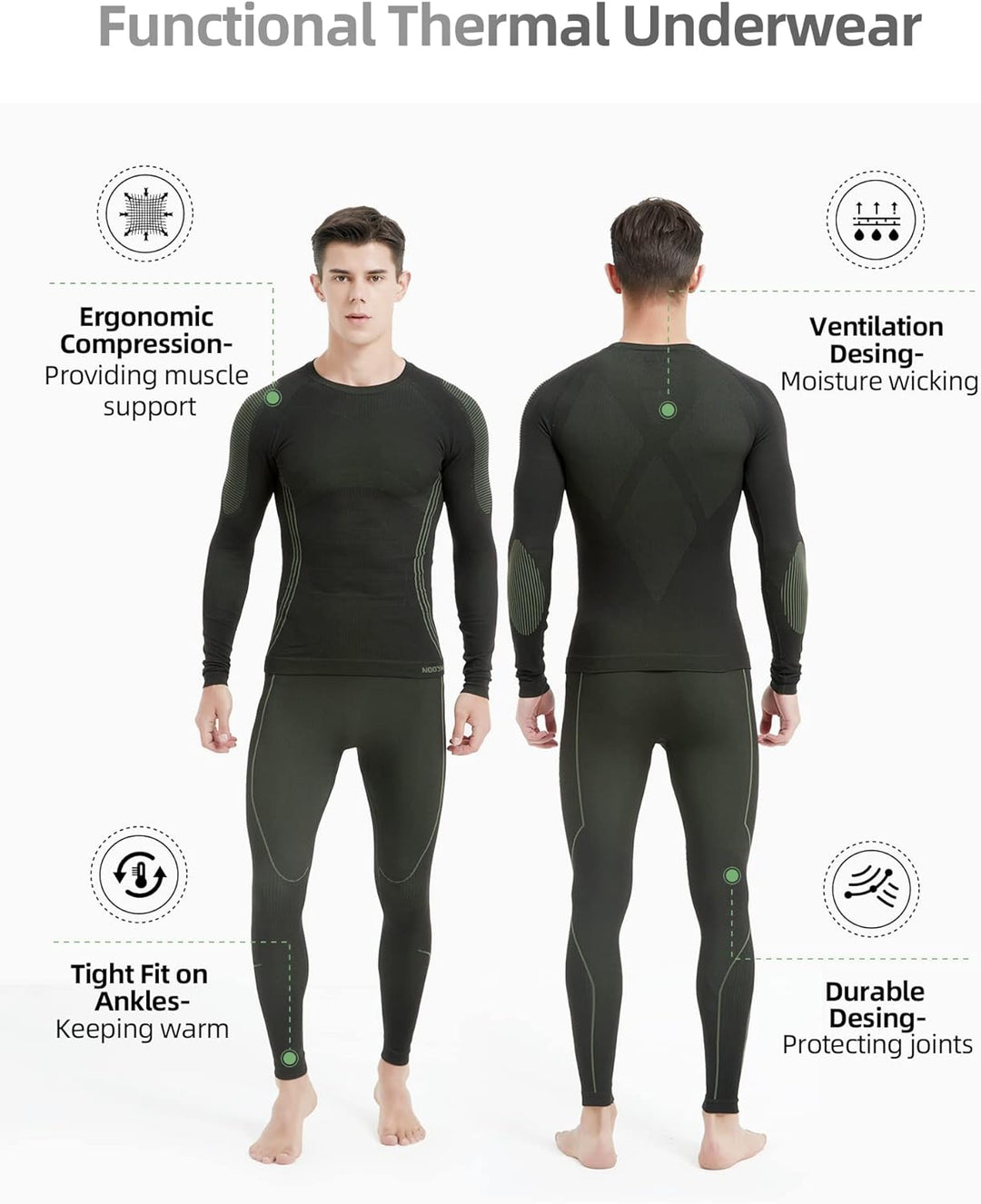 NOOYME Thermounterwäsche Herren Warm Atmungsaktiv Flexibel Skiunterwäsche Weich Thermo Unterwäsche M