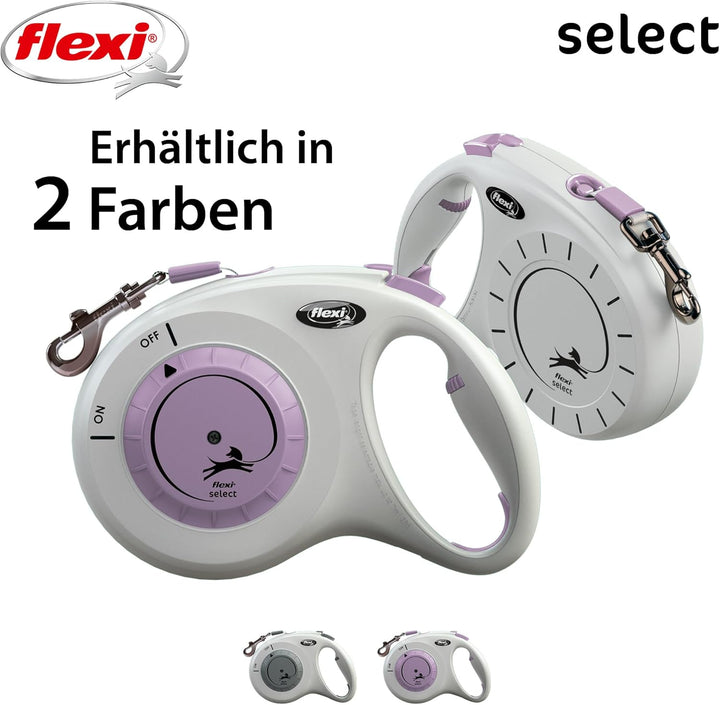 flexi® Select Gurt 7 m hellgrau-lila, zwischen 0-7 m einstellbare Roll-Leine für Hunde bis 25 kg hel