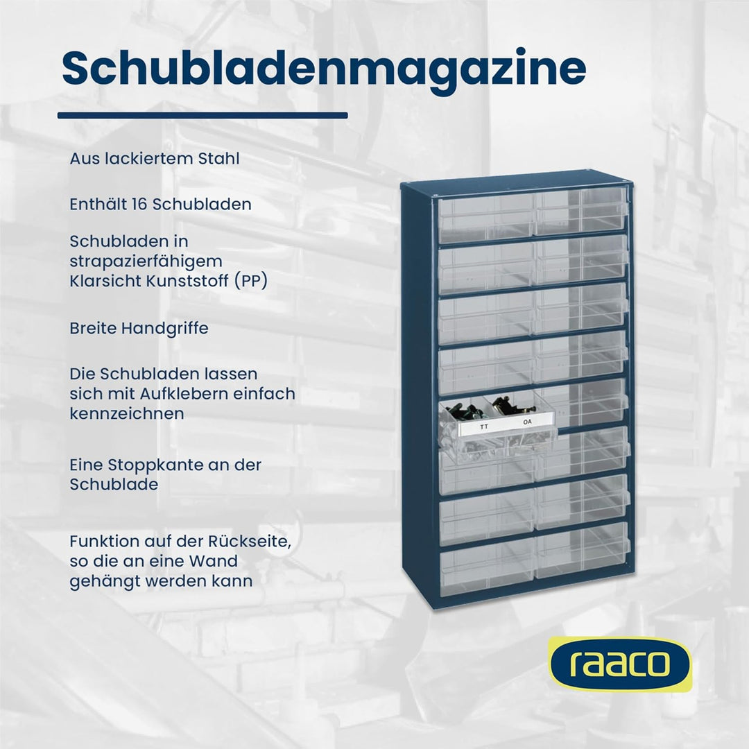 raaco Kleinteilemagazin C12-16 mit 16 Schubladen, Tragkraft 26.4 kg, 15 x 30.6 x 55.2 cm, geeignet f