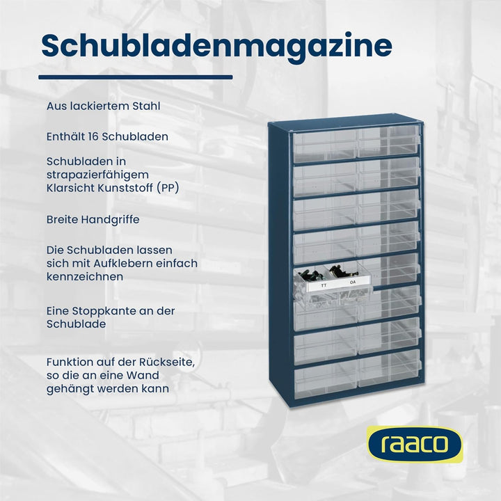 raaco Kleinteilemagazin C12-16 mit 16 Schubladen, Tragkraft 26.4 kg, 15 x 30.6 x 55.2 cm, geeignet f
