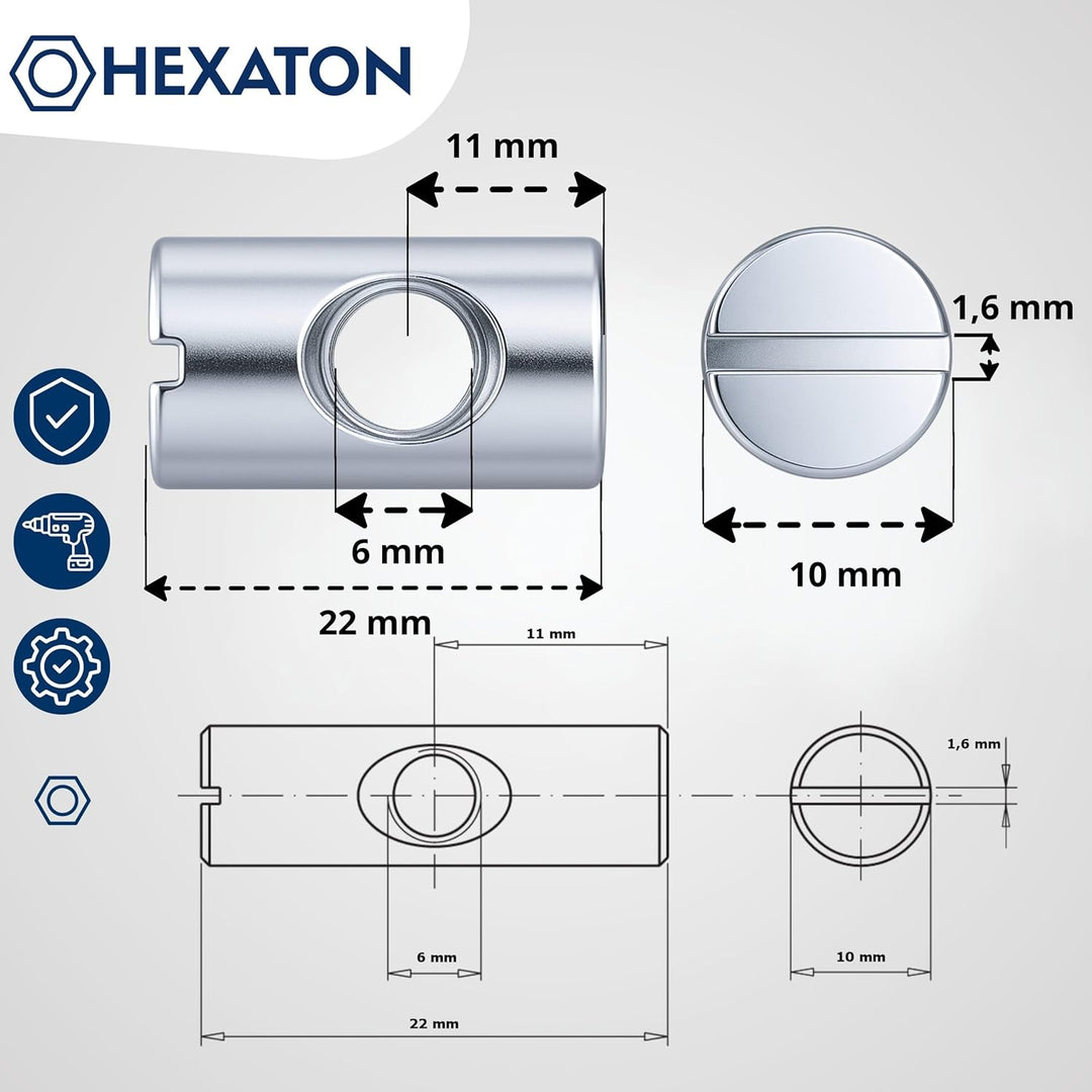 HEXATON Symmetrisch Quermutter Bolzen Muttern M6 x 10 x 22 mm 50 Stück Stahl Verzinkt Kreuz Dübel Zy