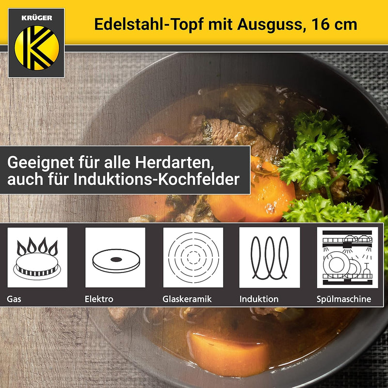 Krüger Edelstahl-Fleischtopf mit Ausguss - Kochtopf mit Ausgiesshilfen - mit Induktion - hitzebestän