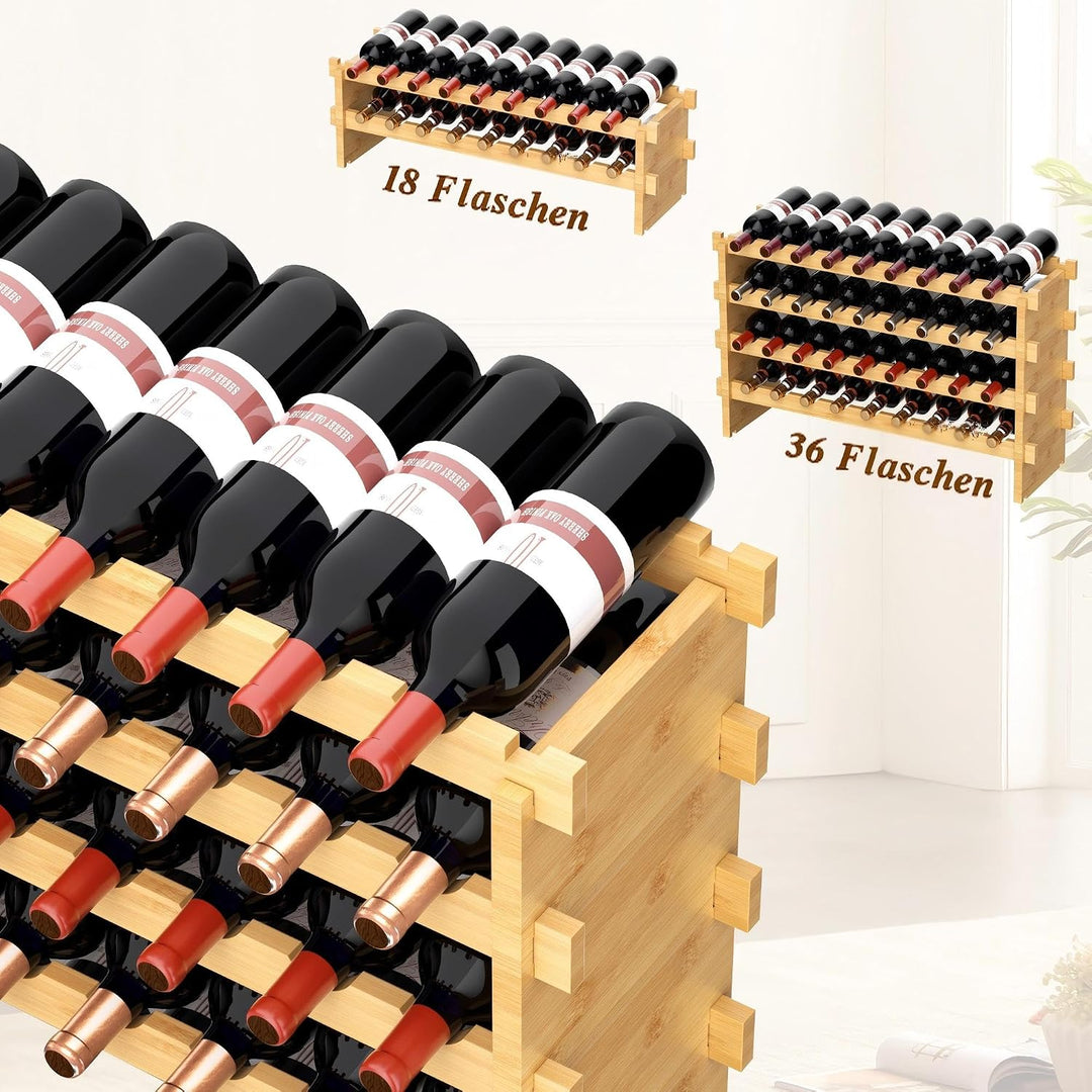 VASMIA Bambus-Weinregal Stapelbar, Freistehendes 36-Flaschen-Weinregal, Ohne Werkzeug Montage, 4-Ebe