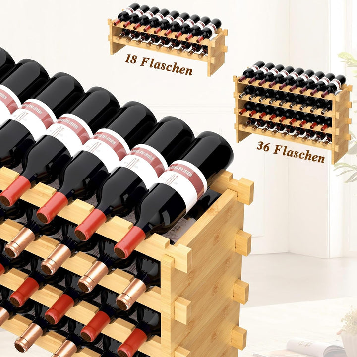 VASMIA Bambus-Weinregal Stapelbar, Freistehendes 36-Flaschen-Weinregal, Ohne Werkzeug Montage, 4-Ebe
