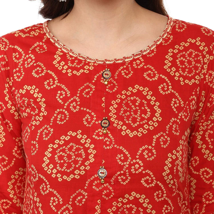 Yash Gallery Indian Tunika Tops Damen Baumwolle Bandhej Print Anarkali Kurta (Rot) S Rot, S Rot