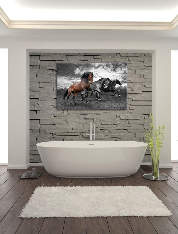 Schöne Wildpferde schwarz/weiss Format: 100x70 auf Leinwand, XXL riesige Bilder fertig gerahmt mit K