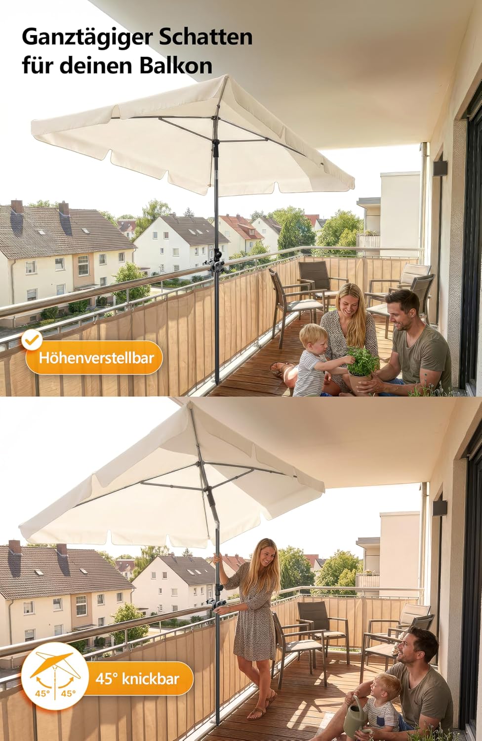 4smile Sonnenschirm Balkon im Set – Sonnenschirm rechteckig 210×140 cm, UV 50+ Sonnenschutz Balkon,