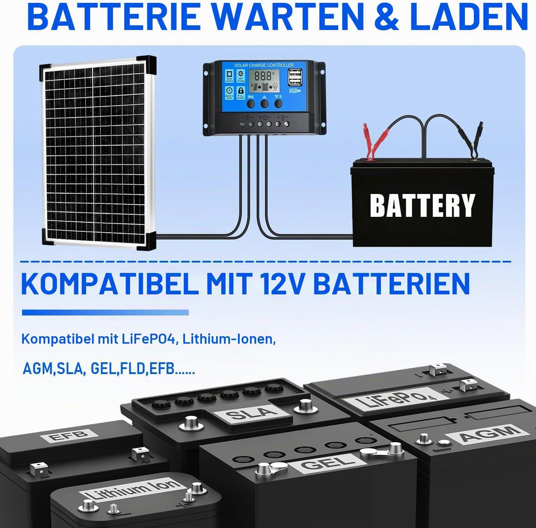 30W Mono Solarpanel Kit 12V Monokristallines Solarmodule System-set Solaranlage Komplettset 12 Volt