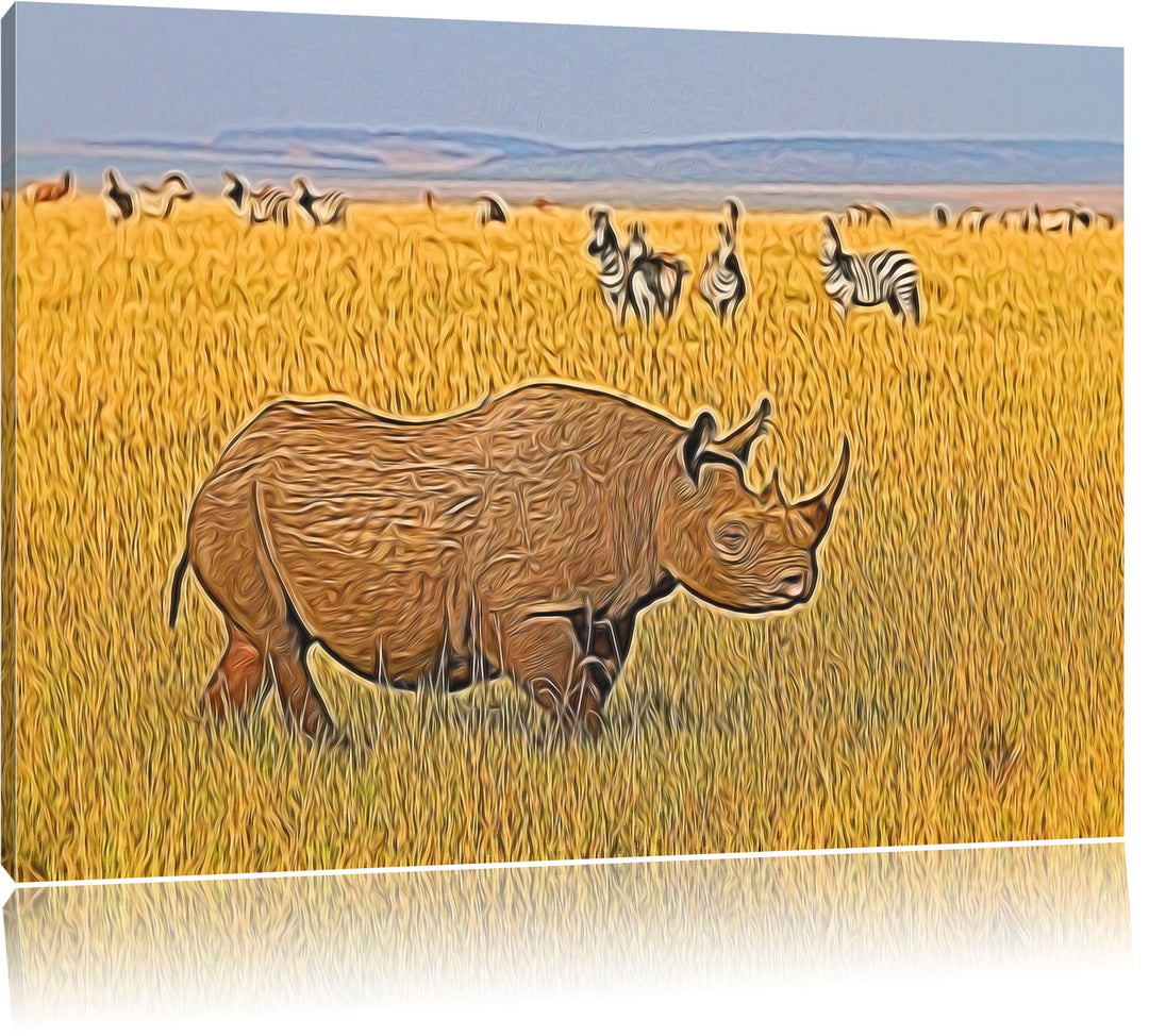 grosses Nashorn mit Zebrahorde Spezial Format: 100x70 cm auf Leinwand, XXL riesige Bilder fertig ger